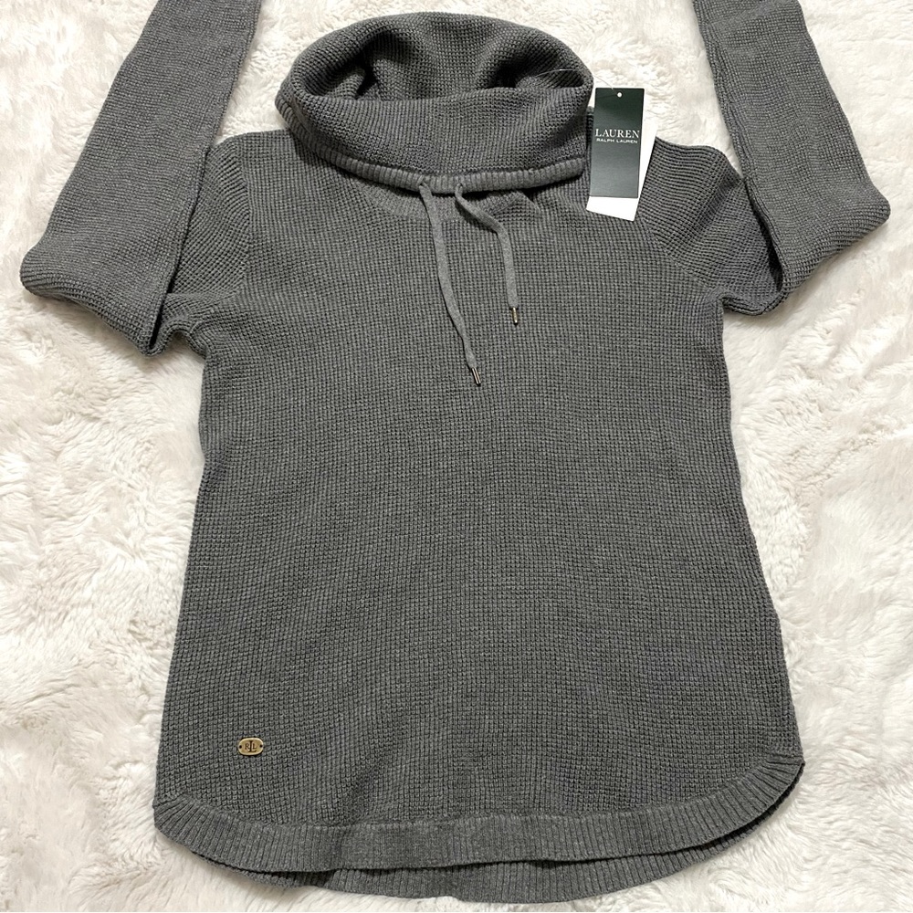 Lauren Ralph Lauren Drawstring Cowl Neck Drawstring Gray Sweater Size Small